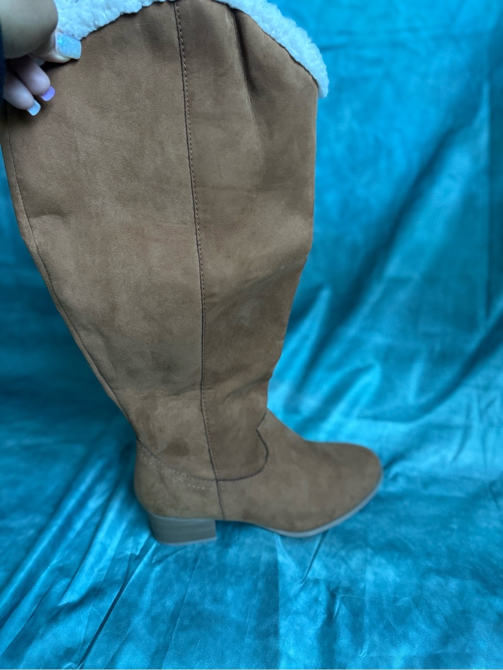 torrid Tall Faux Suede Knee Boot in Brown with Shearling Cuff